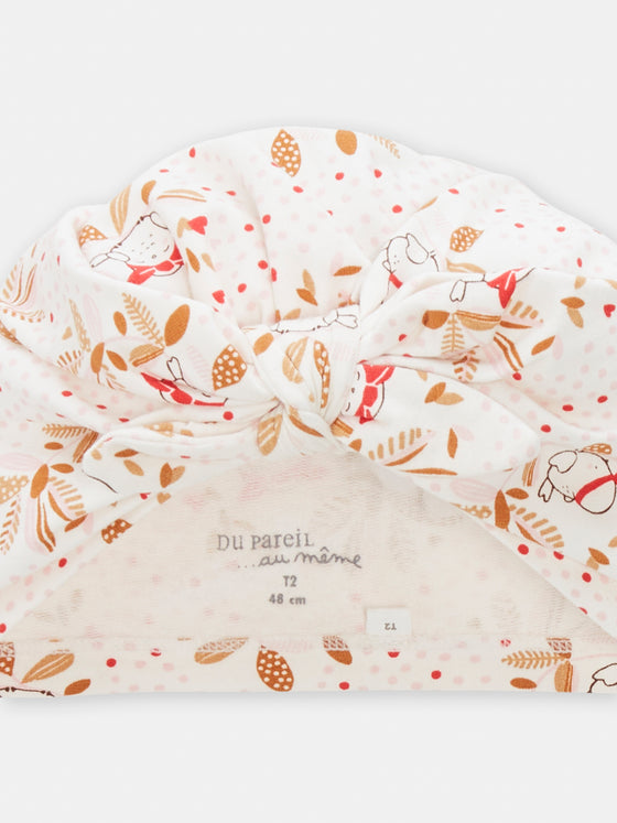 Off white polka dot bird and leaf print turban for baby girls