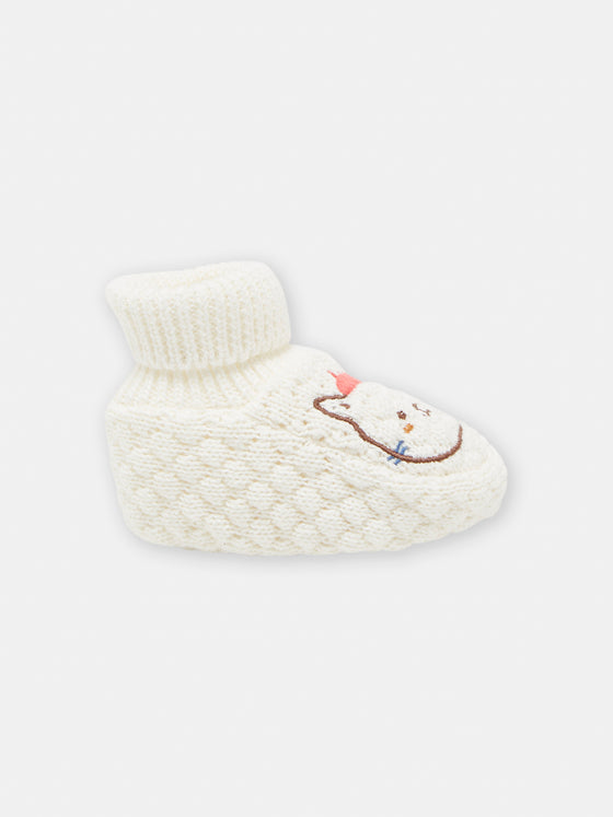 Offwhite baby booties with cat design