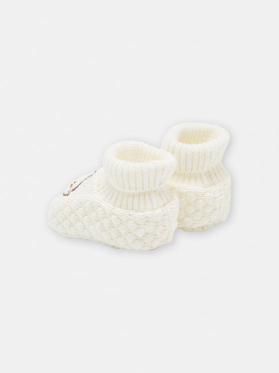 Offwhite baby booties with cat design