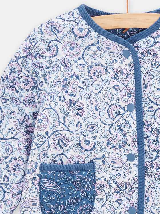 Blue quilted jacket with floral print for baby girls