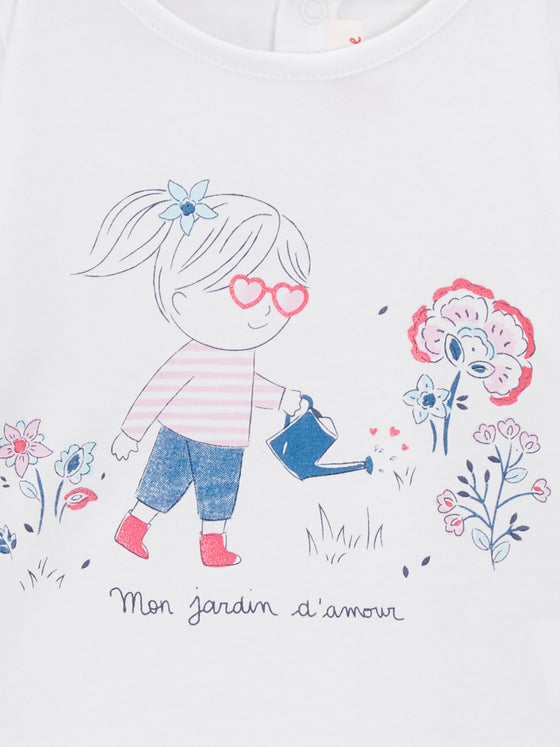 Baby girls white Tshirt with girlsinthegarden motif