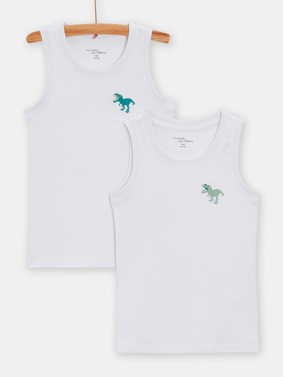 Set of 2 ecru embroidered dinosaur tank tops forboys