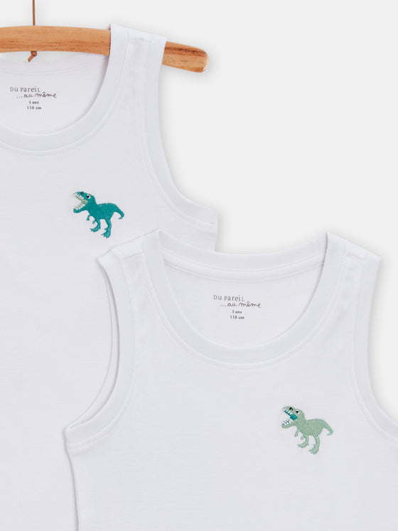 Set of 2 ecru embroidered dinosaur tank tops forboys