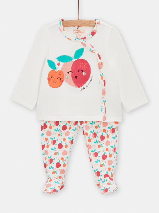 GIRLs white pyjamas with peach print and pattern