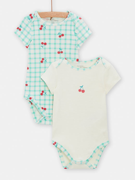 2 long sleeved white cherry bodysuits for baby girls