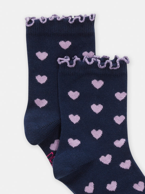 Navy blue socks with pink heart print for girls