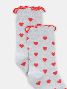  girls light mottled gray socks with red heart print