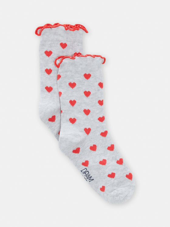 girls light mottled gray socks with red heart print