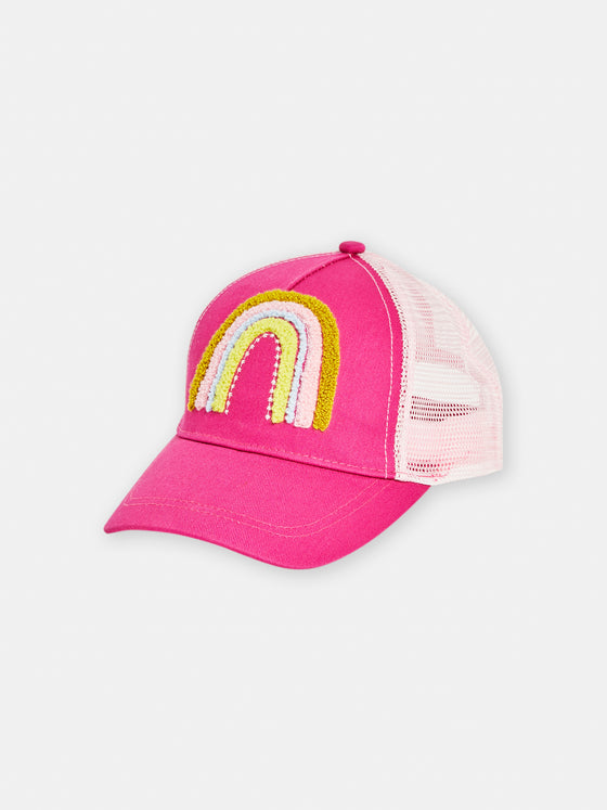 girls pink cap with rainbow pattern