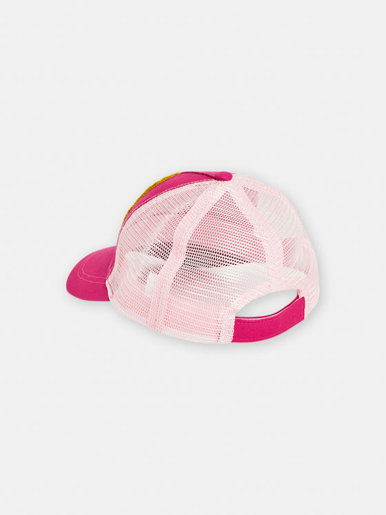 girls pink cap with rainbow pattern