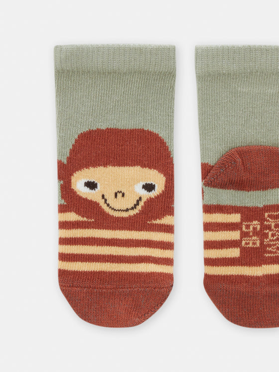 Baby boys Socks laurel green and brown with monkey design