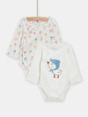 2 ecru bodysuits with bird print for baby girls