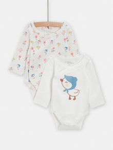  2 ecru bodysuits with bird print for baby girls