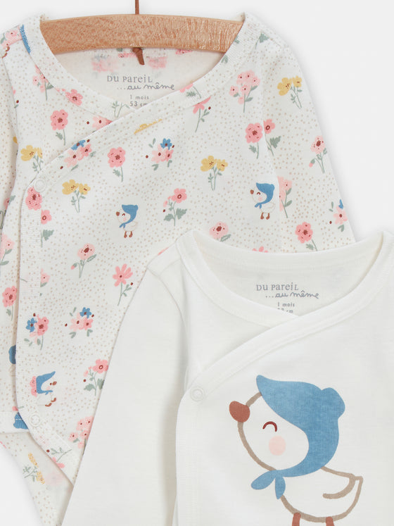 2 ecru bodysuits with bird print for baby girls