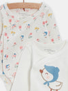 2 ecru bodysuits with bird print for baby girls