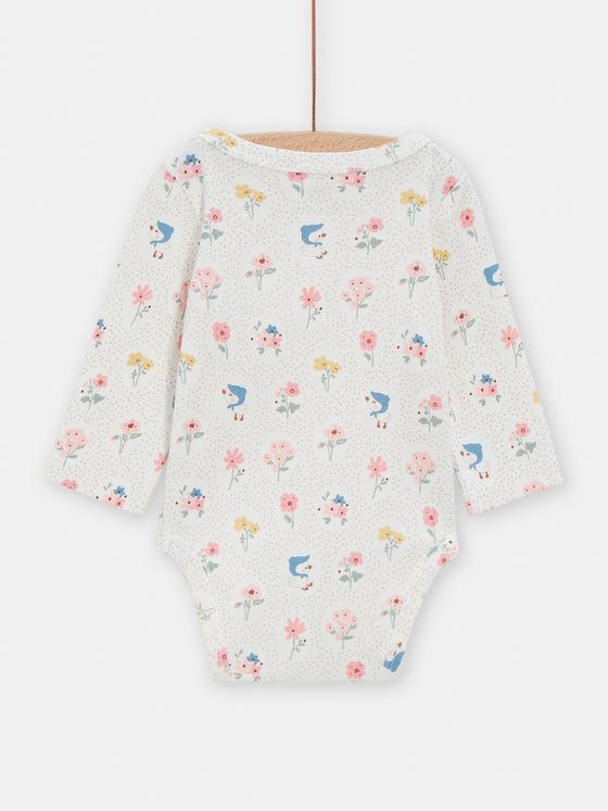 2 ecru bodysuits with bird print for baby girls