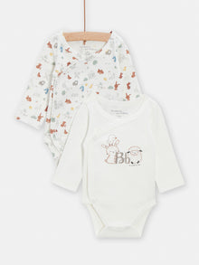  2 ecru bodysuits with fancy prints and motifs