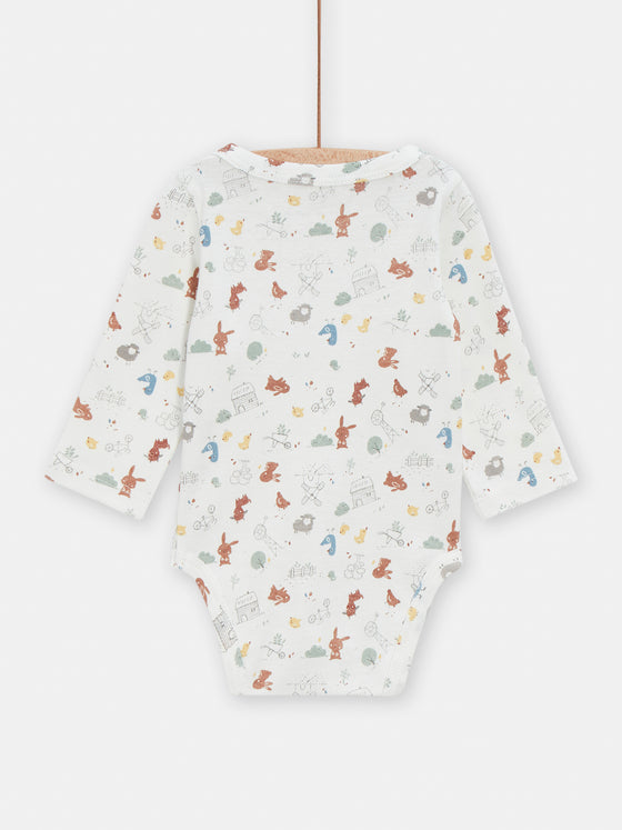 2 ecru bodysuits with fancy prints and motifs