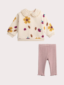  Baby girl sweater with flowers and leggings set