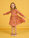 FLUID DRESS WITH RUFFLES AND MULTICOLORED LEAF PRINT