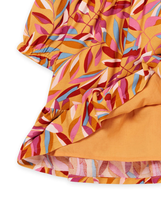 FLUID DRESS WITH RUFFLES AND MULTICOLORED LEAF PRINT