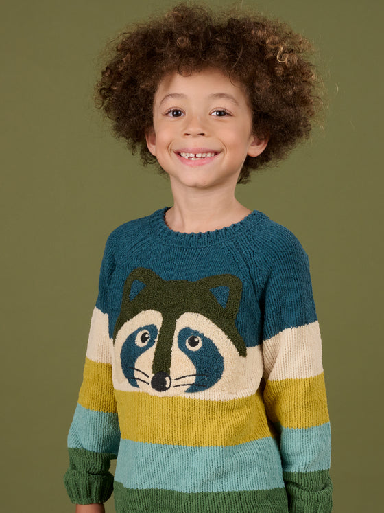 LONG SLEEVE STRIPED SWEATER WITH RACCOON DESIGN