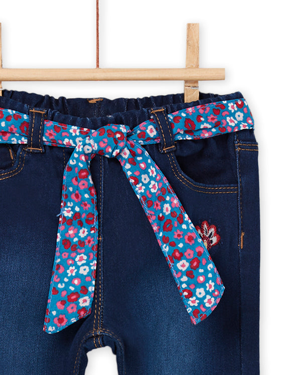 DENIM KNIT PANTS WITH REMOVABLE FLORAL PRINT BELT