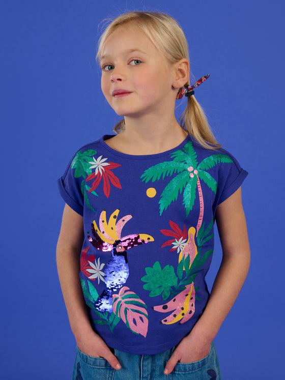 Blue t-shirt SS with sequined parrot