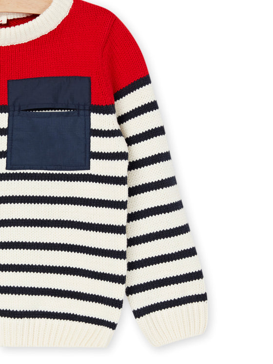 Red and navy blue striped sweater