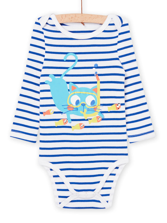 Blue Stripes and cat print bodysuit