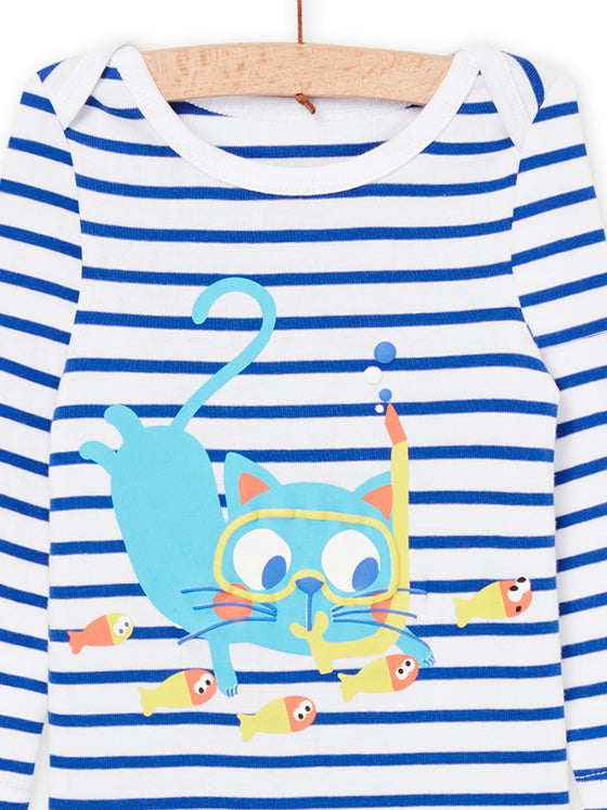 Blue Stripes and cat print bodysuit